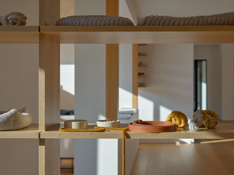 Helles Holzregal mit Leine, Katzenbett, Keramiknäpfen und Seilspielzeug im Wohnraum