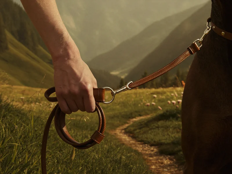 Hände halten eine Leine auf einem Wiesenweg in den Bergen am Morgen